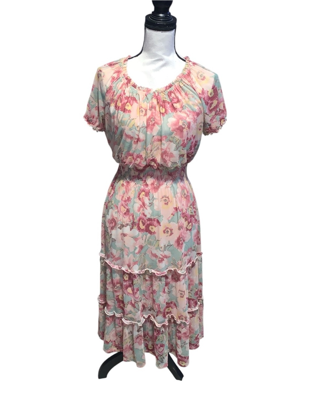 Kate & Lily Floral Tiered Midi Dress Short Sleeve Elastic Waist
